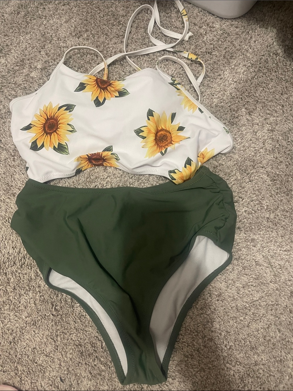 Zaful White Sunflower Bikini Top with Olive Green Bottom